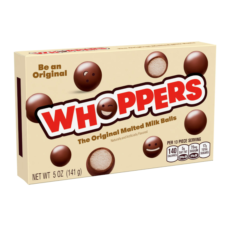 Front of Whoppers Original Theatre Box showing logo, malted milk balls, and pack size of 141g.