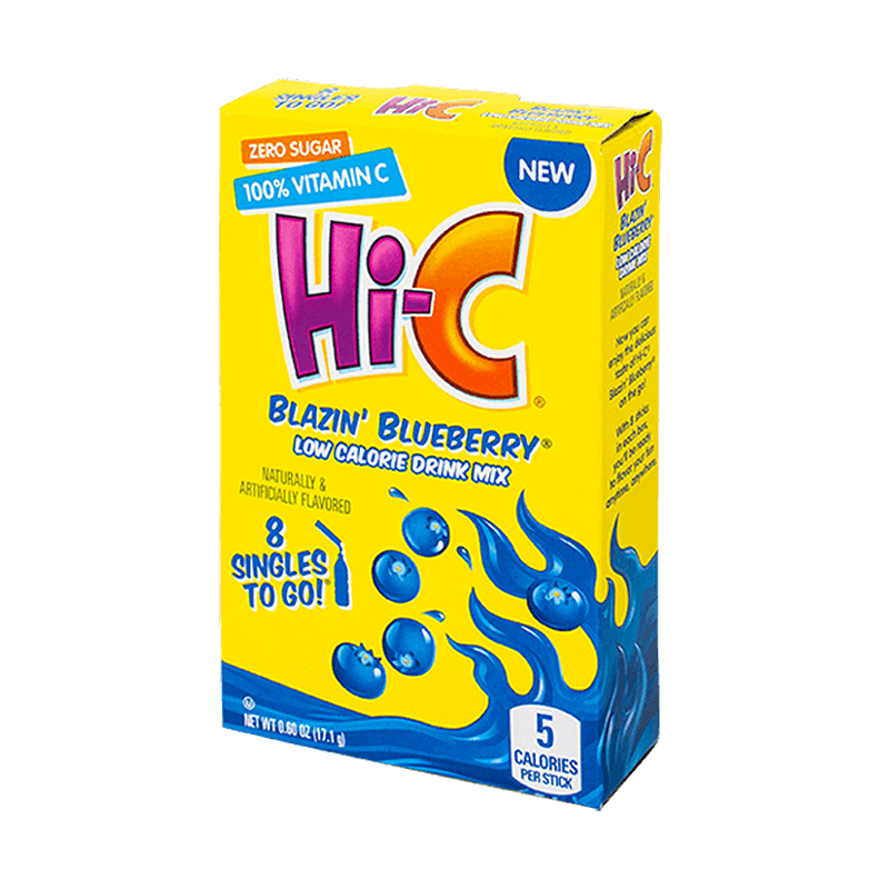 Front of Hi-C Blazin’ Blueberry Singles To Go box showing bright yellow packaging, blueberry flavour graphics, and details of 8 single sticks (17.1g)