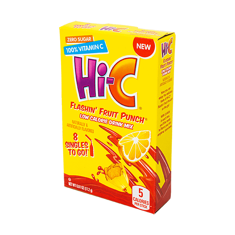 Front of Hi-C Flashin’ Fruit Punch Singles To Go box showing bright yellow packaging, logo, fruit punch flavour, and 8 single-serve packets (17.2g pack)