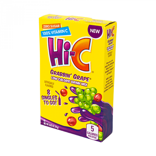 Front of Hi-C Grabbin’ Grape Singles To Go box featuring vibrant grape design, logo, and details about 8 singles in a 18g pack.
