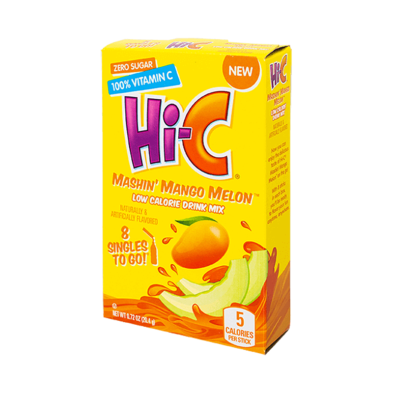 Front of Hi-C Mashin’ Mango Melon box featuring bright yellow packaging, mango and melon imagery, brand logo, and 8 singles to go (20.4g pack)