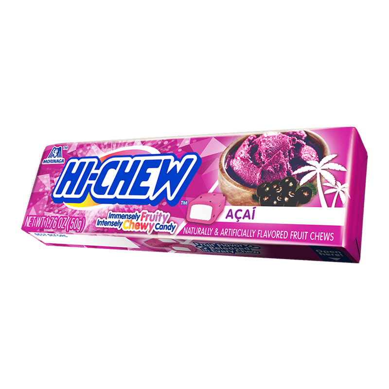Front of Hi-Chew Fruit Chews Acai packaging showing logo, acai flavour, and imagery of acai fruit (50g pack)