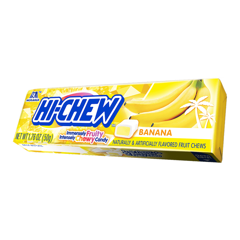 Front of Hi-Chew Fruit Chews Banana pack showing yellow design, bananas, and the product title (50g pack)