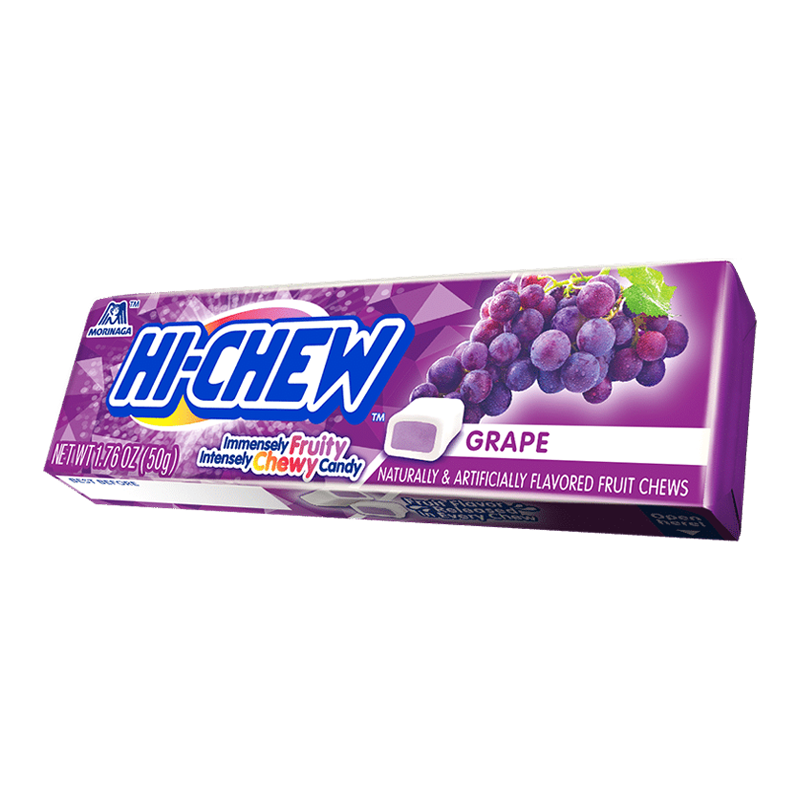 Front of Hi-Chew Fruit Chews Grape pack showing logo, grape flavour label, and vibrant imagery of grapes (50g pack)