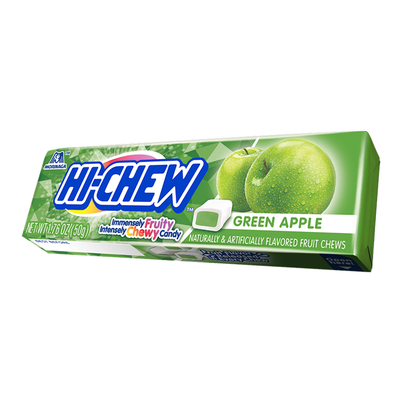 Front of Hi-Chew Fruit Chews Green Apple packaging with logo and green apple images, featuring 50g pack size.
