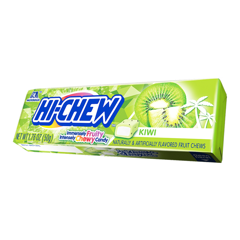 Front of Hi-Chew Fruit Chews Kiwi pack showing kiwi flavour label, bright green design, and 50g pack size