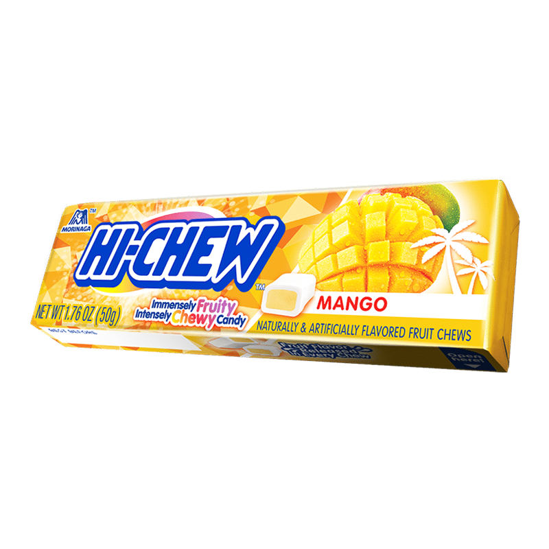 Front of Hi-Chew Fruit Chews Mango package showing the brand logo, vibrant mango imagery, and 50g label.