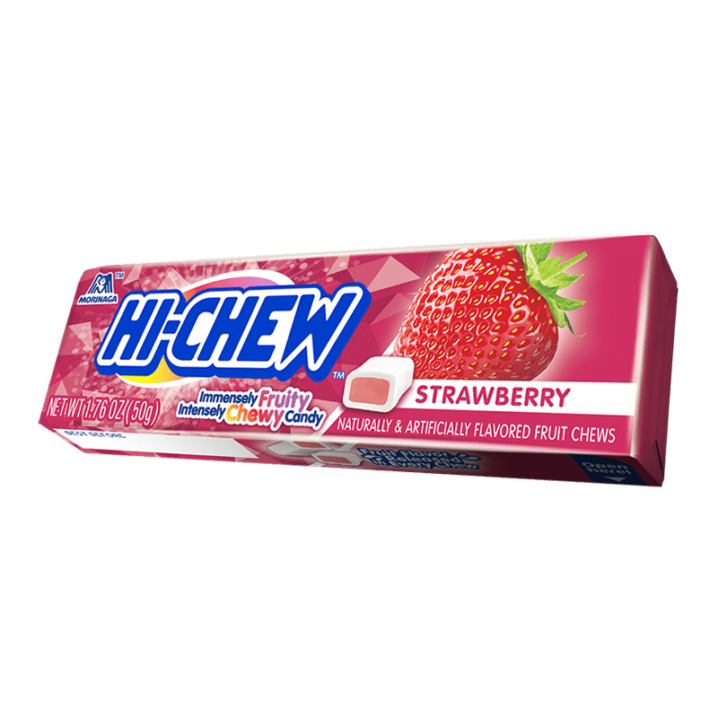 Front of Hi-Chew Fruit Chews Strawberry showing the brand name, strawberry flavour, and 50g pack size with vibrant packaging.
