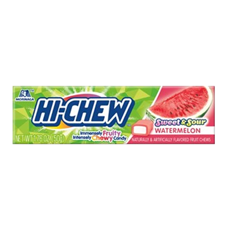 Front of Hi-Chew Sweet & Sour Watermelon Fruit Chews packet showing brand logo, watermelon flavour label, and pack size (50g)
