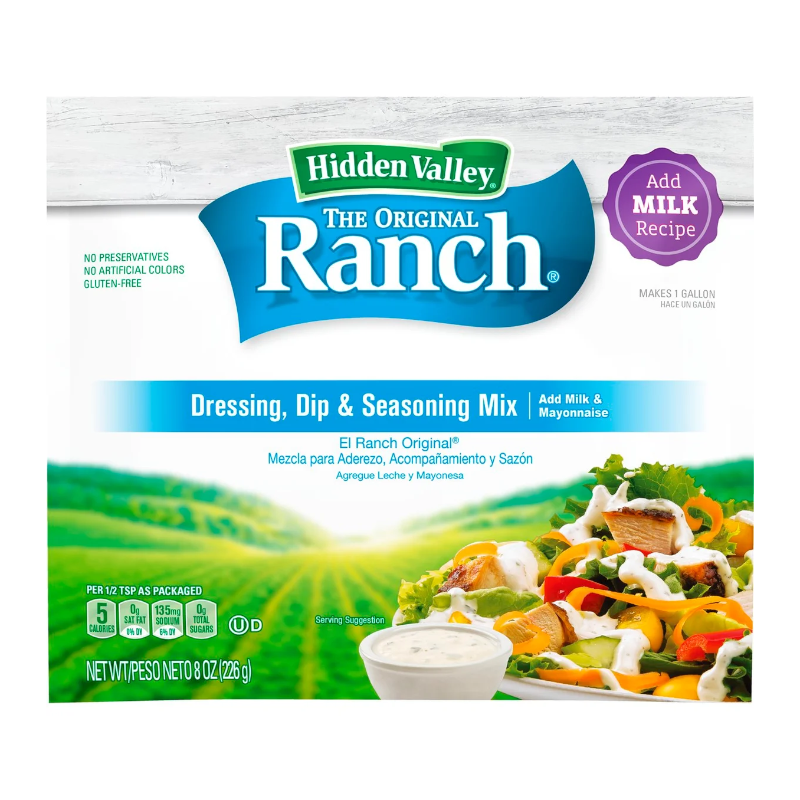 Front of Hidden Valley Original Ranch Dressing Dry Mix pack showing brand logo, ranch seasoning mix title, and serving suggestion (226g pack)