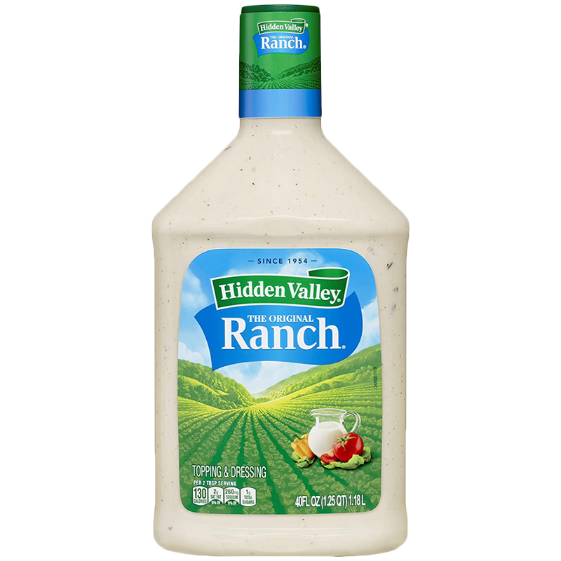 Front of Hidden Valley Original Ranch Dressing bottle featuring the logo, ranch flavour label, and image of the product (1.13kg pack)