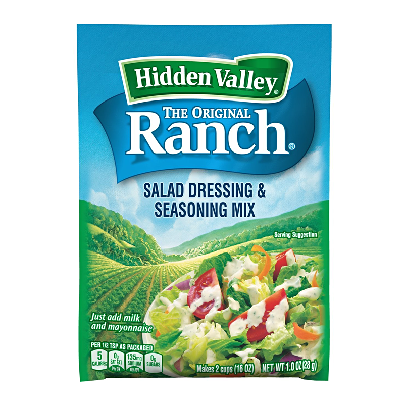 Front of Hidden Valley Original Ranch Seasoning Salad Dressing & Recipe Mix packet showing the green logo, salad dressing mix label, and colourful salad image (28g pack)
