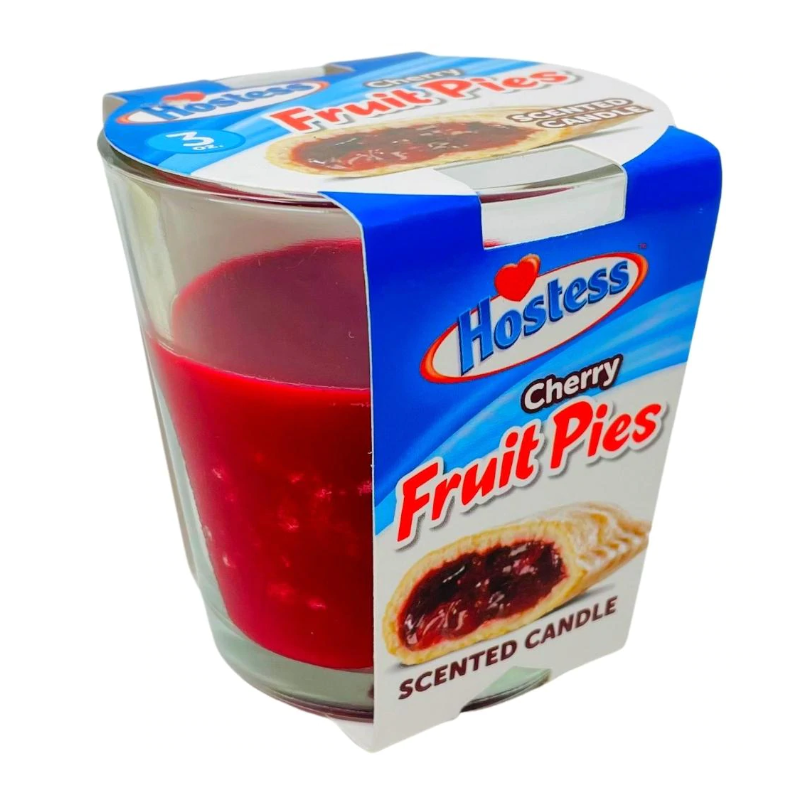 Front of Hostess Cherry Pie Scented Candle showing vibrant cherry wax, logo, and label details (90g pack)