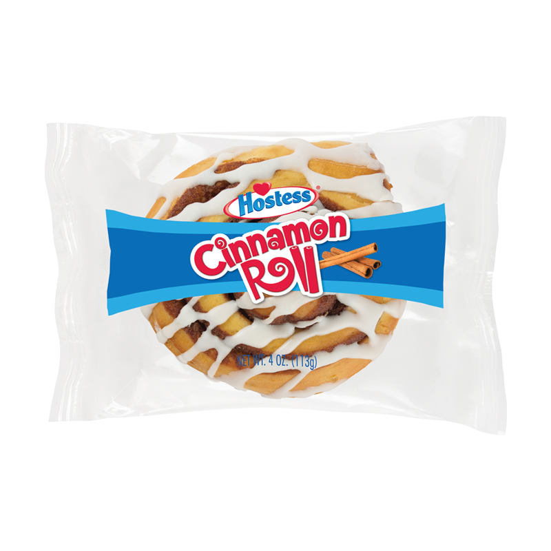 Front of Hostess Cinnamon Roll packaging featuring the logo, a cinnamon roll with icing, and the weight of 113g.
