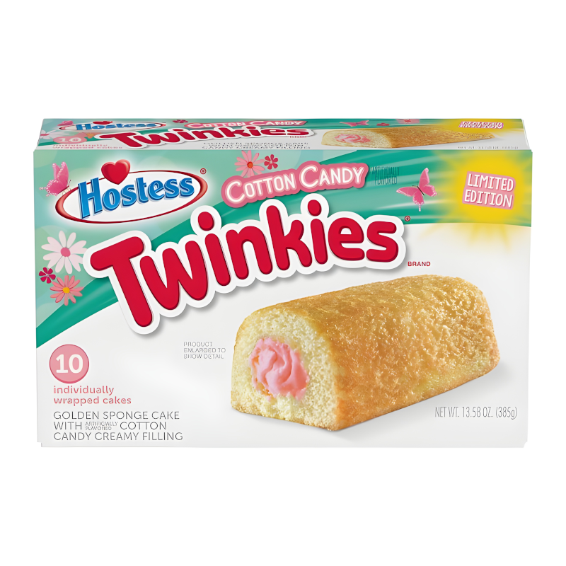 Front of Hostess Cotton Candy Twinkies box showing bold logo, cotton candy flavour label, and image of a Twinkie with pink filling (10 pack - 385g)