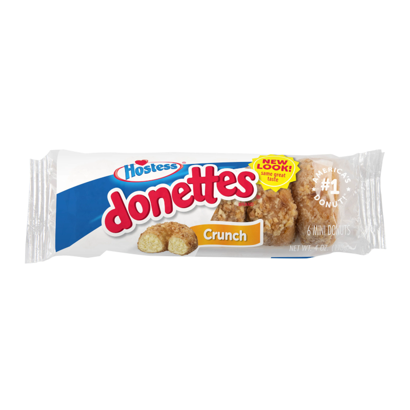 Front of Hostess Crunch Donettes package showing logo, Crunch label, and mini donuts (113g pack)