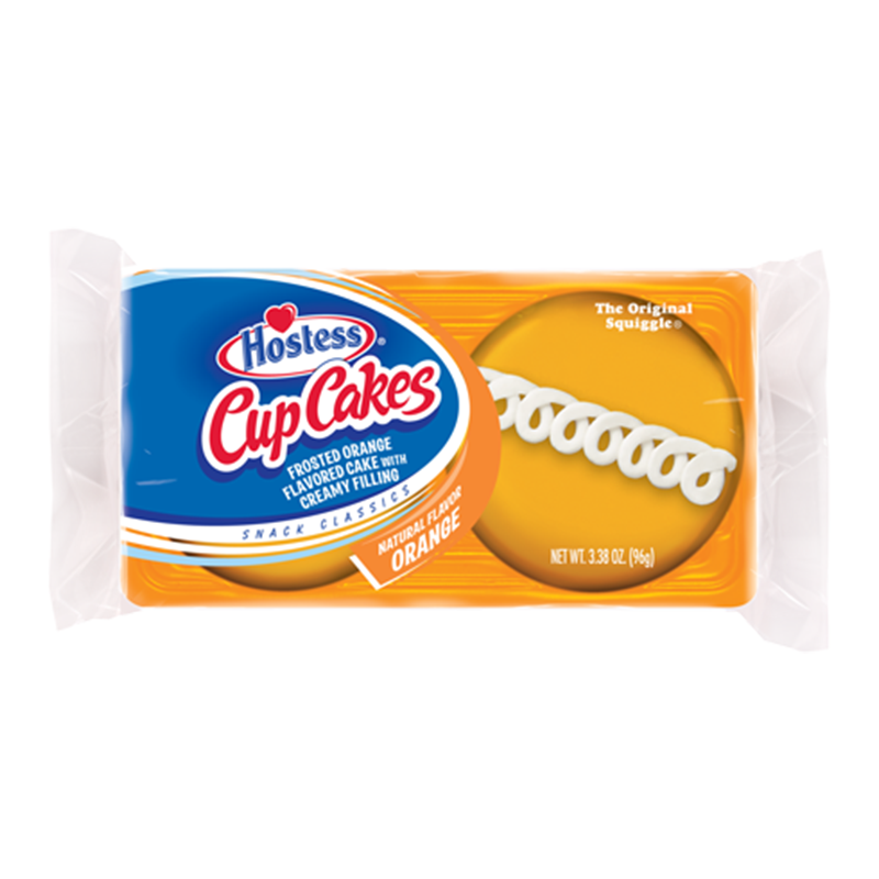 Front of Hostess Orange Cupcakes Twin Pack showing the brand logo, frosted orange cake with creamy filling, and packaging details (96g)
