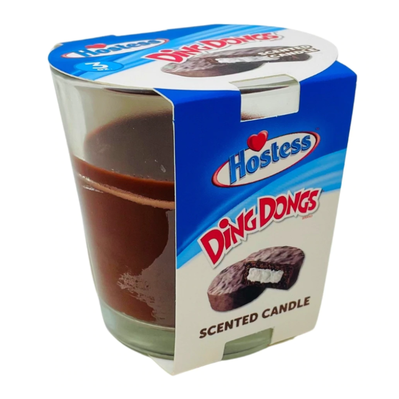 Front of Hostess Ding Dong Scented Candle showing the logo, chocolate-themed design, and pack size (90g)