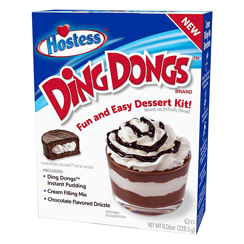 Front of Hostess Ding Dongs Dessert Kit box showing fun and easy dessert label, chocolate pudding and whipped cream serving suggestion (228.5g pack)