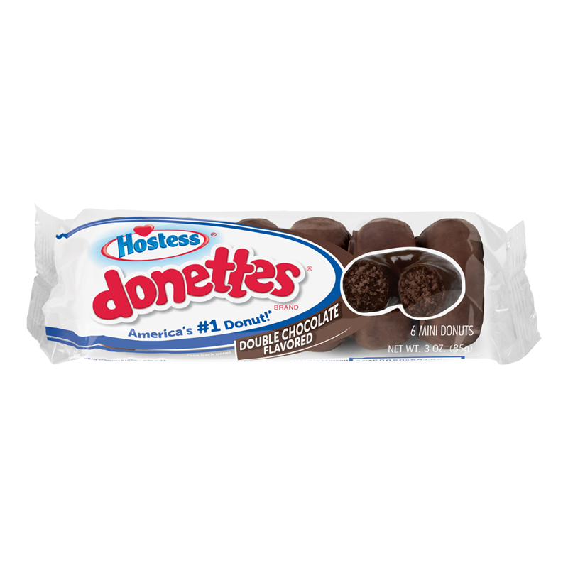 Front of Hostess Double Chocolate Flavoured Donettes pack showing logo, double chocolate flavour label, and six mini donuts (85g pack)