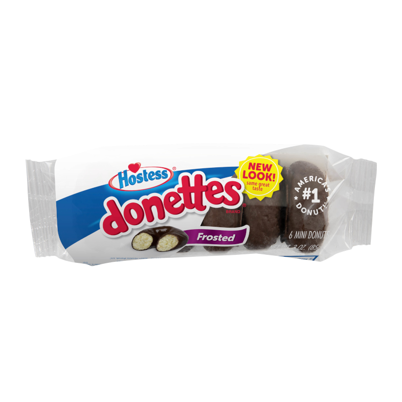 Front of Hostess Frosted Chocolate Donettes pack showing the logo, frosted mini donuts, and pack size (85g)