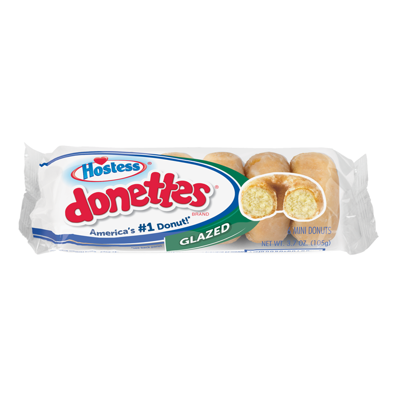 Front of Hostess Glazed Donettes pack showing logo, product name, and image of mini donuts (105g)