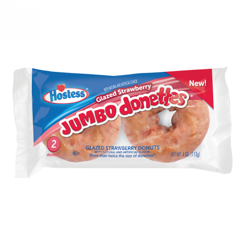 Front of Hostess Glazed Strawberry Jumbo Donettes package featuring the brand logo, product name, and image of two glazed strawberry donuts (113g pack)