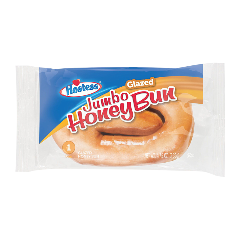 Front of Hostess Jumbo Glazed Honey Bun packaging showing logo and image of the glazed honey bun (135g pack)
