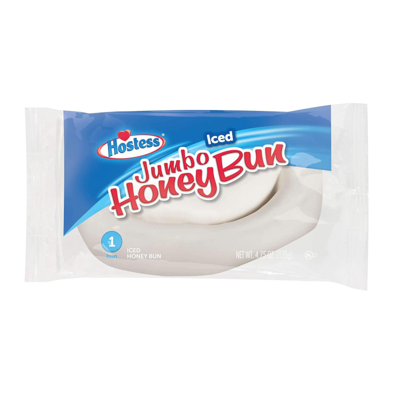 Front of Hostess Jumbo Iced Honey Bun packaging showing the blue logo, iced honey bun image, and 135g size indication.