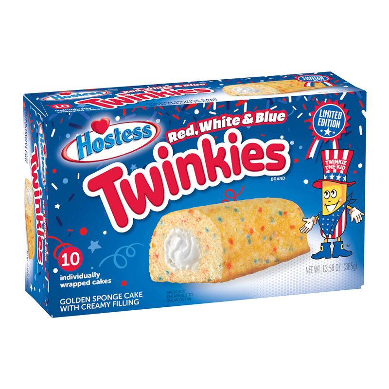 Front of Hostess Limited Edition Red White & Blue Twinkies box showing the logo, festive design, and individually wrapped cakes (10 pack, 385g)