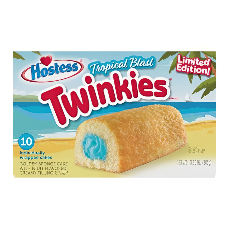 Front of Hostess Twinkies Limited Edition Tropical Blast box showing golden sponge cakes with blue filling and tropical beach background (10 pack, 385g)