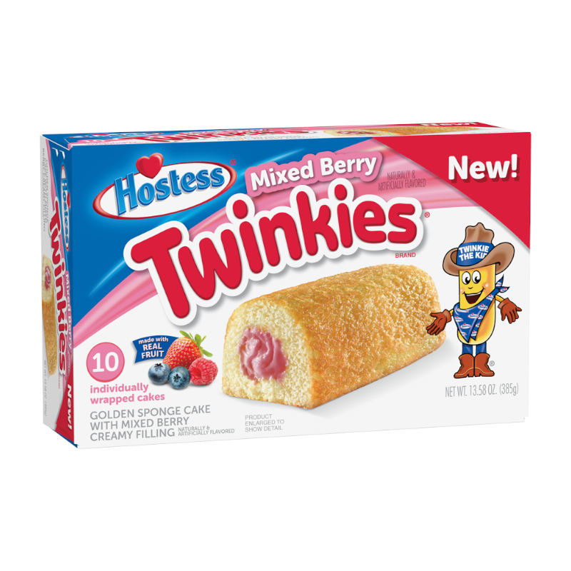 Front of Hostess Mixed Berry Twinkies box showing logo, mixed berry filling image, and individually wrapped cakes (385g pack)