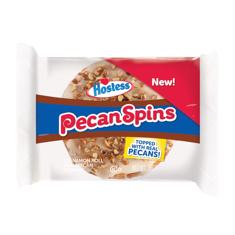 Front of Hostess Pecan Spins Cinnamon Roll package featuring the logo, topped with real pecans, and description of the product (85g)