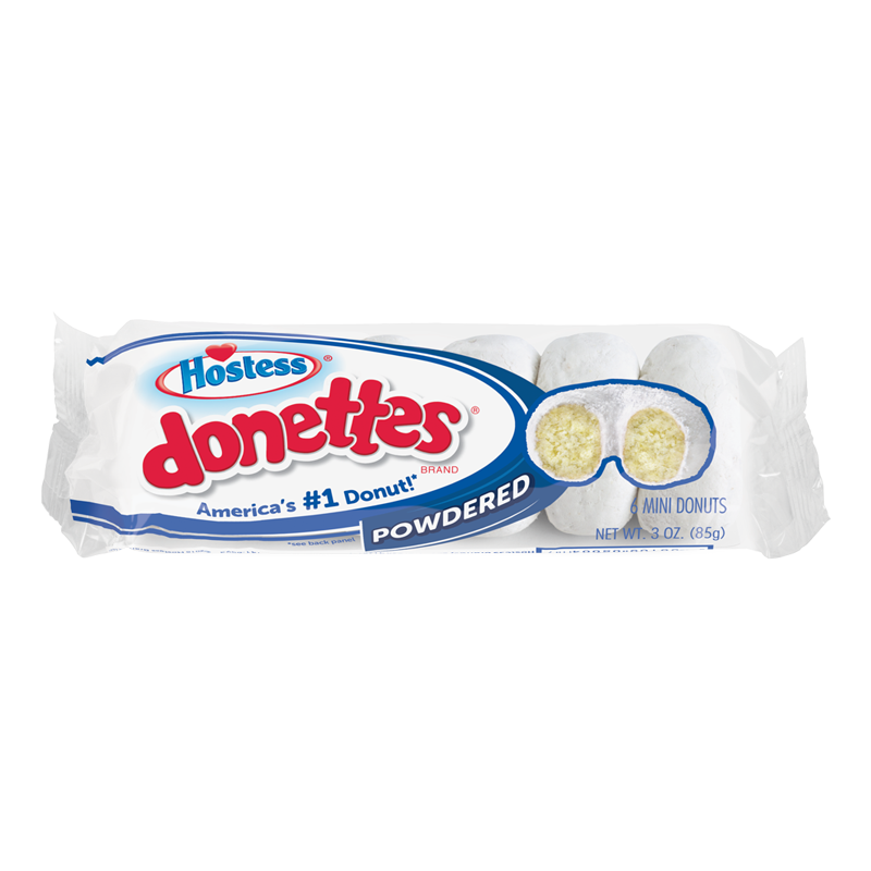 Front of Hostess Powdered Mini Donettes packaging showing logo and label, with mini donuts dusted in powdered sugar (85g pack)