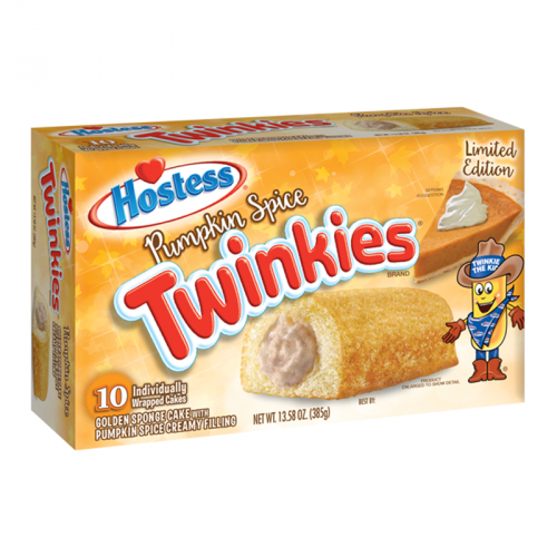 Front of Hostess Pumpkin Spice Twinkies box displaying golden cakes, pumpkin spice filling label, and the 10-pack size (385g).