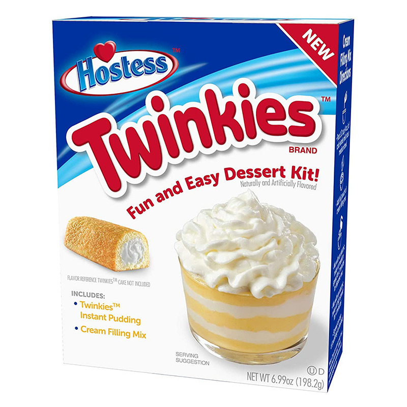 Front of Hostess Twinkies Dessert Kit box showcasing the logo, dessert kit text, and image of pudding with whipped cream (198.2g pack)