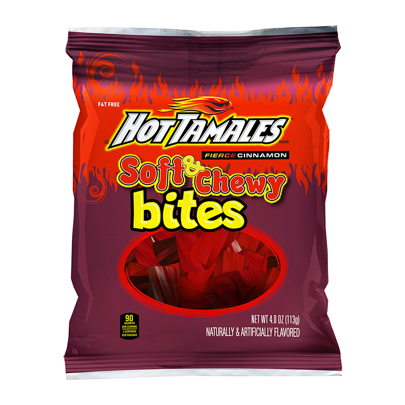 Front of Hot Tamales Soft & Chewy Bites bag featuring bold logo, fierce cinnamon flavour, and 113g pack size