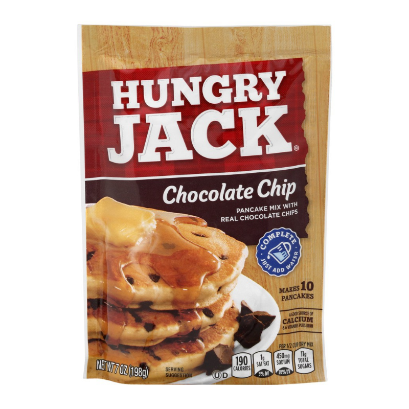 Front of Hungry Jack Chocolate Chip Pancake Mix packaging showing logo, chocolate chip pancakes, and pack size (198g)