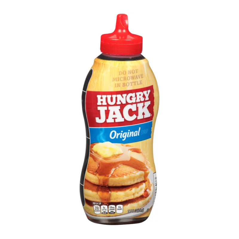 Front of Hungry Jack Original Pancake Syrup bottle showing logo, syrup label, and image of pancakes with syrup (491ml pack)