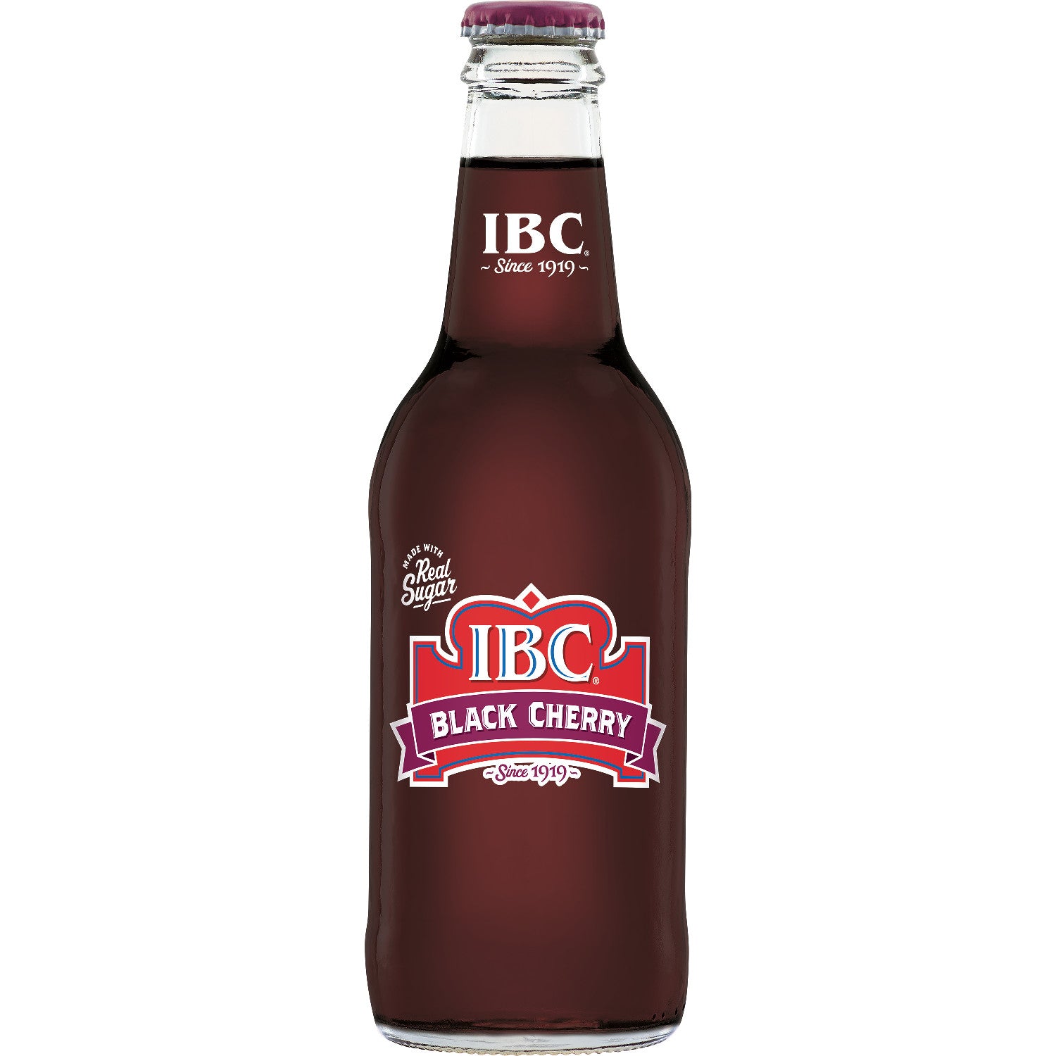 Front of IBC Black Cherry bottle showing the logo, black cherry flavour label, and vibrant liquid in a 355ml glass bottle.