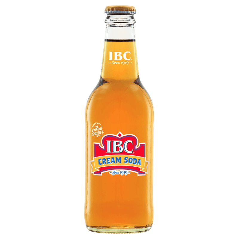 Front of IBC Cream Soda bottle featuring the logo, cream soda label, and 355ml size