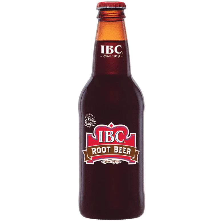 Front of IBC Root Beer bottle showing the IBC logo, root beer label, and 355ml size