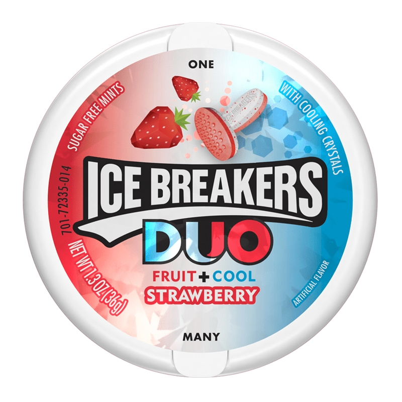 Front of Ice Breakers Duo Strawberry Mints container showing bold logo, strawberry flavour label, and cooling crystals design (42g pack)