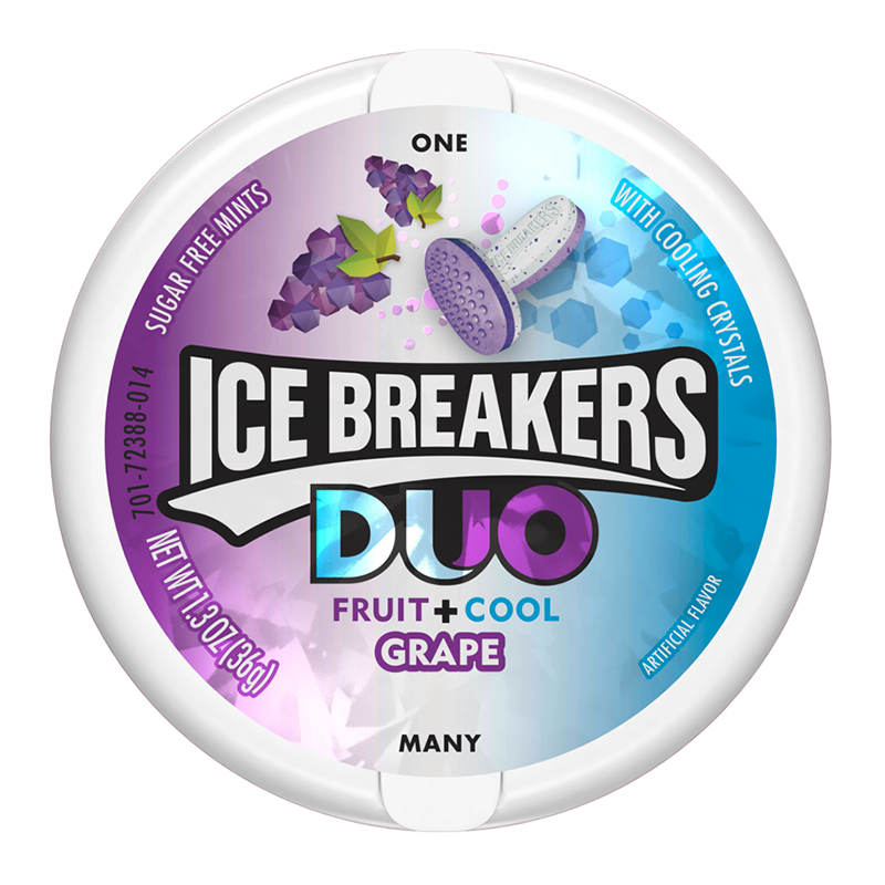 Front of Ice Breakers Duo Grape Mints container, featuring the logo, grape flavour label, and pack size of 42g with cooling crystals design