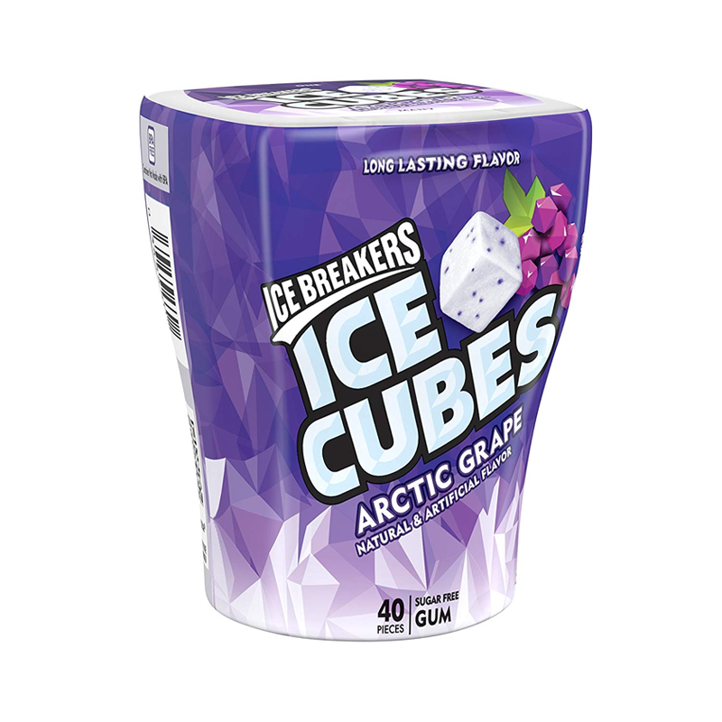 Front of Ice Breakers Ice Cubes Arctic Grape Gum tub showing purple design, grape flavour label, and 40 pieces (92g pack)
