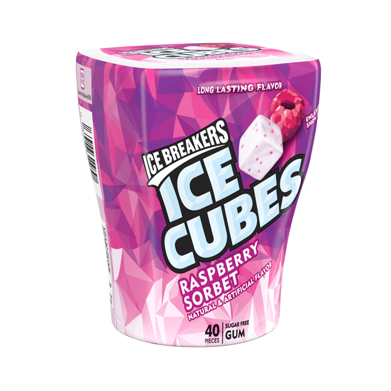 Front of Ice Breakers Ice Cubes Raspberry Sorbet Gum container showing logo, raspberry flavour label, and pack size (92g)