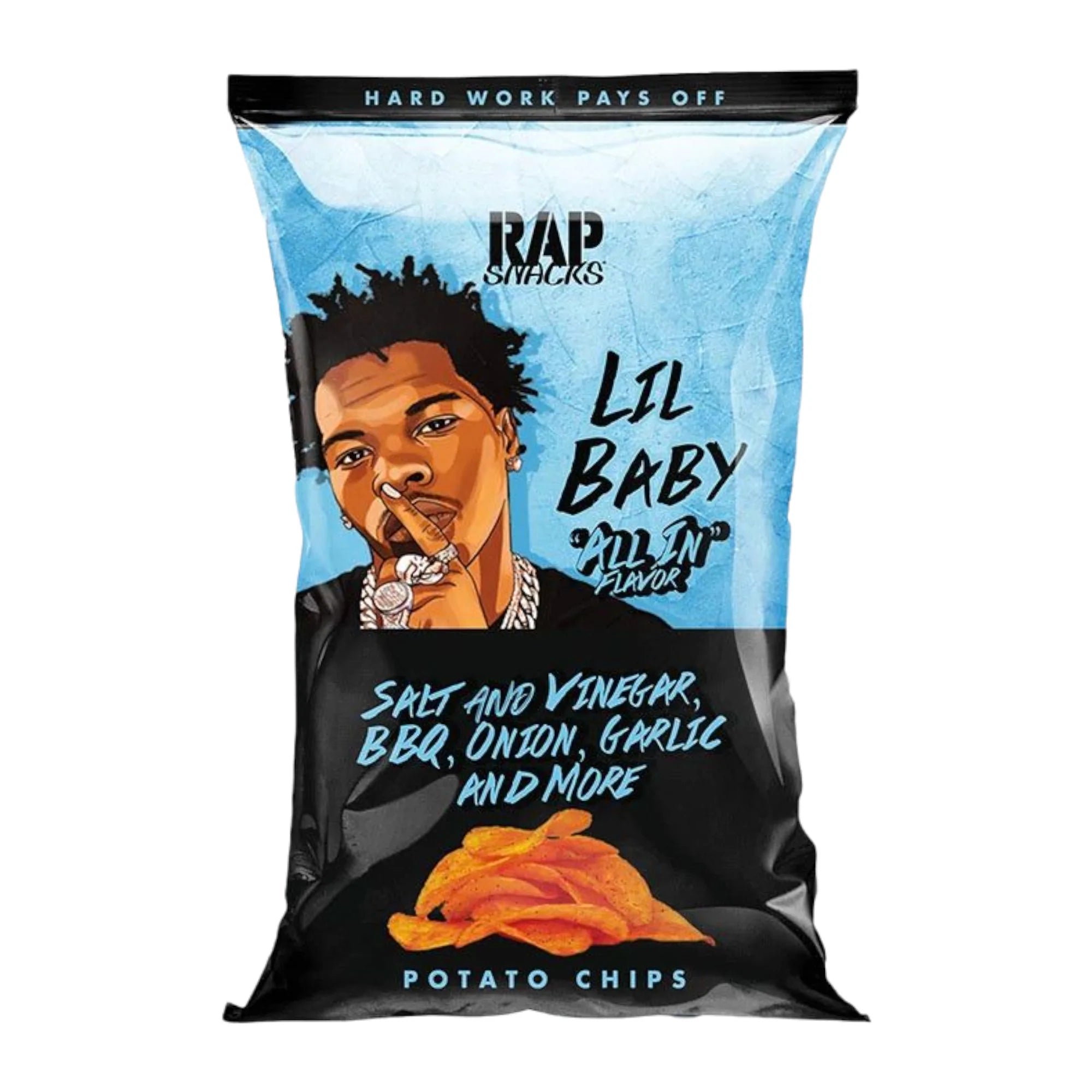 Front of Rap Snacks Lil Baby “ALL IN” bag showing the logo, flavour description including salt and vinegar, BBQ, onion, and pack size (71g).