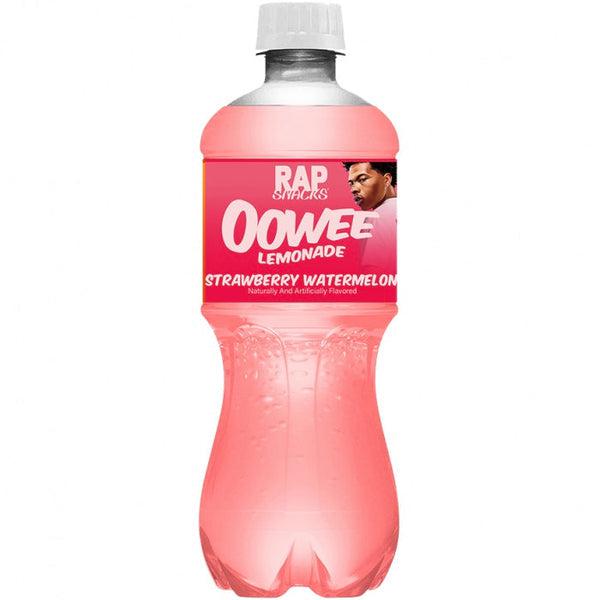 Front of Rap Snacks Lemonade Strawberry Watermelon bottle showing logo, strawberry watermelon flavour, and 591ml pack size
