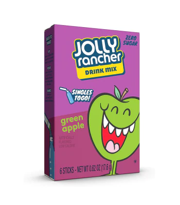 Front of Jolly Rancher Green Apple Singles to Go box showing green apple flavour, zero sugar label, and pack size of 6 sticks (18.8g)