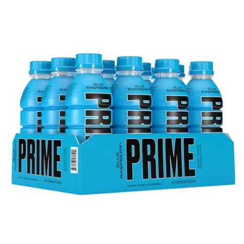 Front of Prime Hydration Blue Raspberry 12 Pack featuring vibrant blue bottles with bold black text, showcasing hydration and blue raspberry flavour (12 x 500ml).